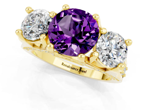 Yellow gold Round Cut Amethyst Three-Stone Ring with Channel Set Band and Four-Prong Setting_1