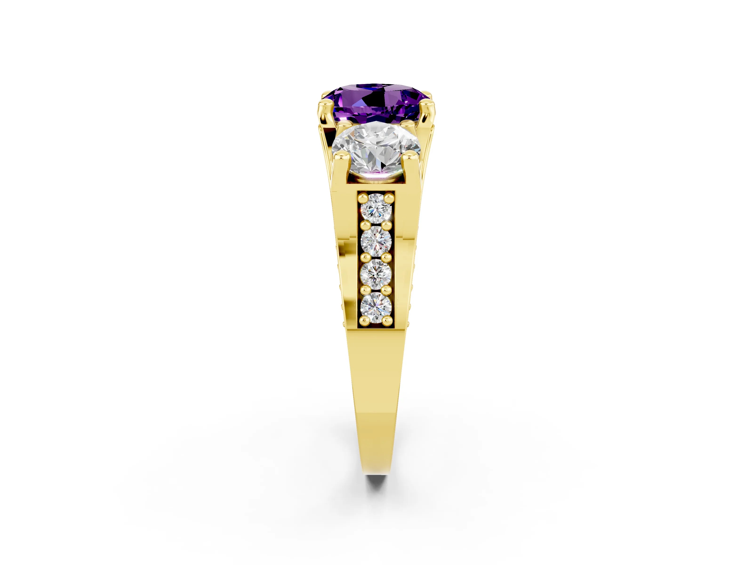 Yellow gold Round Cut Amethyst Three-Stone Ring with Channel Set Band and Four-Prong Setting_2