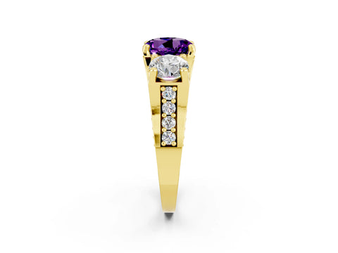 Yellow gold Round Cut Amethyst Three-Stone Ring with Channel Set Band and Four-Prong Setting_2