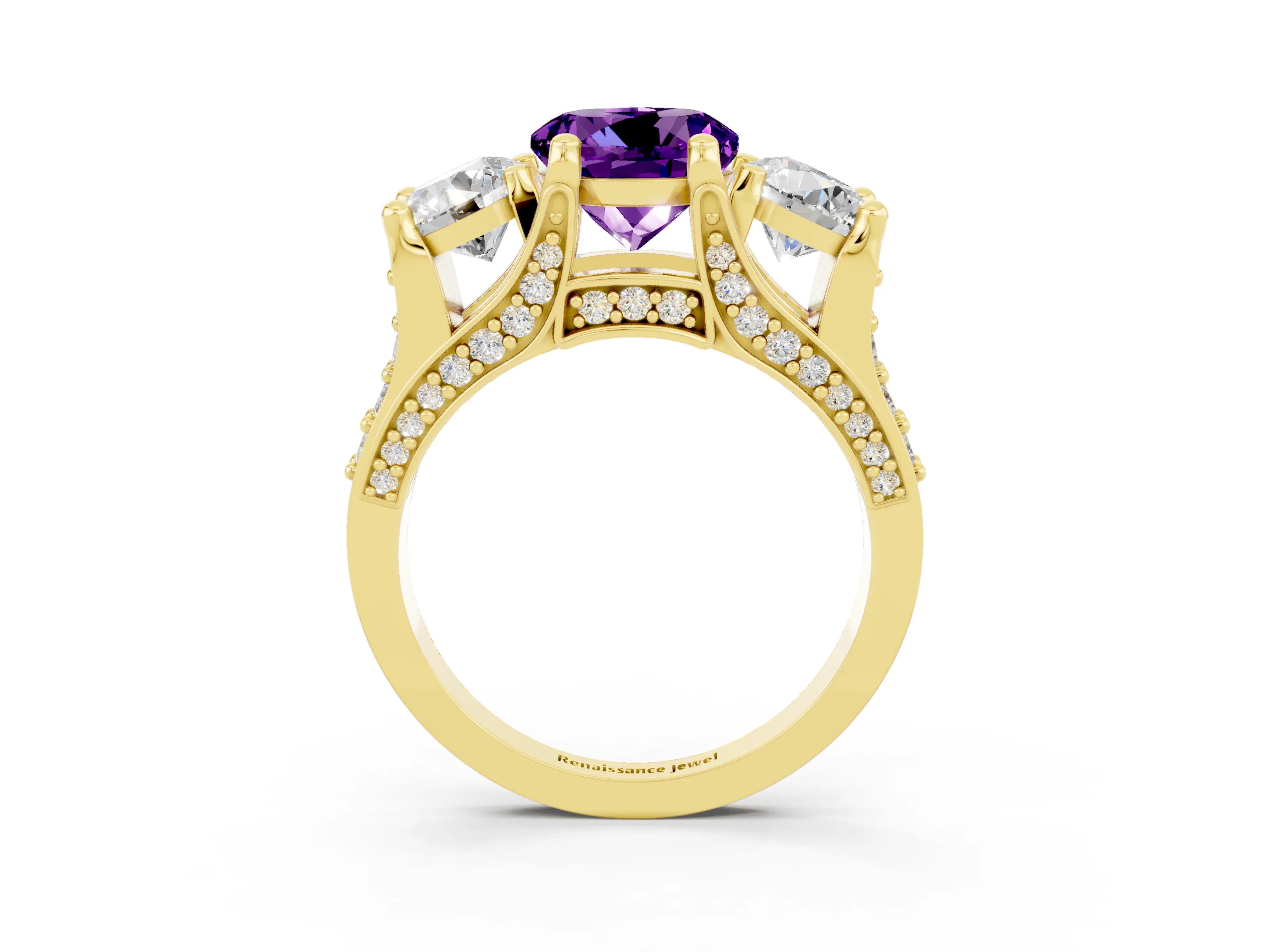 Yellow gold Round Cut Amethyst Three-Stone Ring with Channel Set Band and Four-Prong Setting_3