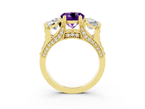 Yellow gold Round Cut Amethyst Three-Stone Ring with Channel Set Band and Four-Prong Setting_3