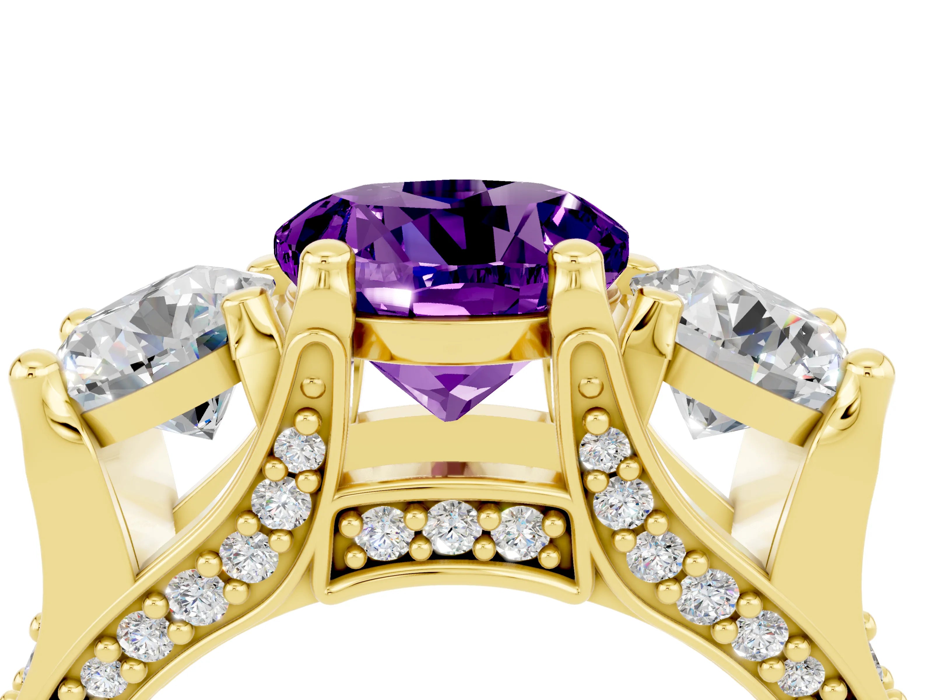 Yellow gold Round Cut Amethyst Three-Stone Ring with Channel Set Band and Four-Prong Setting_4