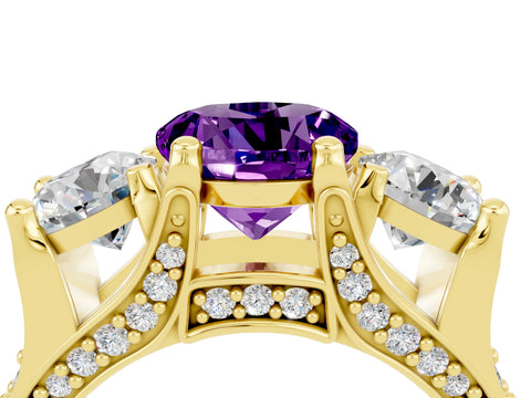 Yellow gold Round Cut Amethyst Three-Stone Ring with Channel Set Band and Four-Prong Setting_4
