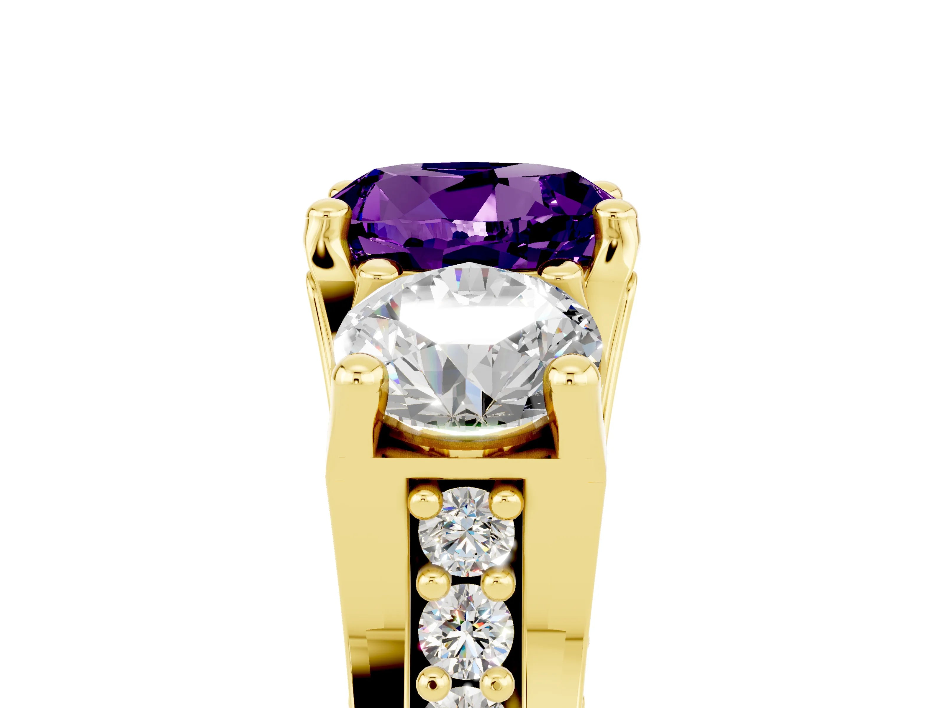 Yellow gold Round Cut Amethyst Three-Stone Ring with Channel Set Band and Four-Prong Setting_5