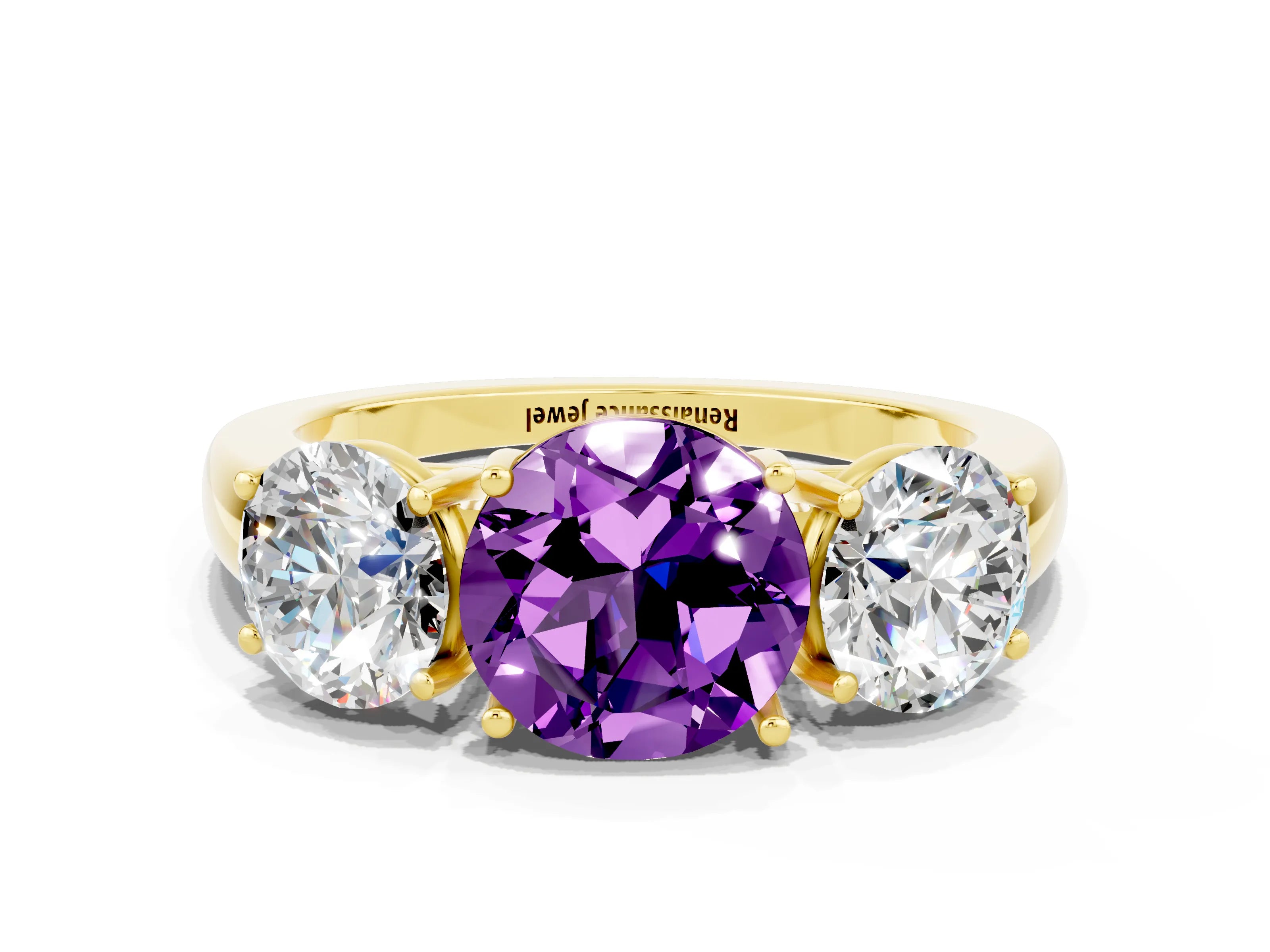 Yellow gold Round Cut Amethyst Three-Stone Ring with Four-Prong Setting and Classic Band