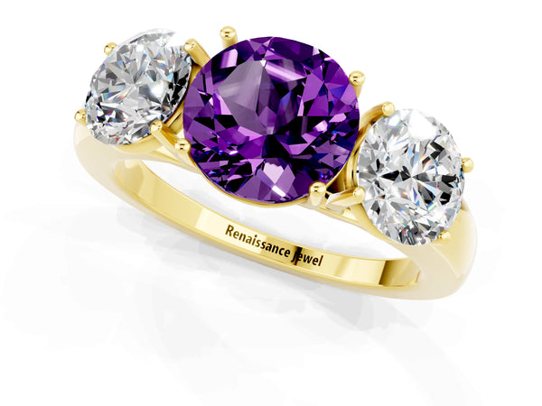 Yellow gold Round Cut Amethyst Three-Stone Ring with Four-Prong Setting and Classic Band