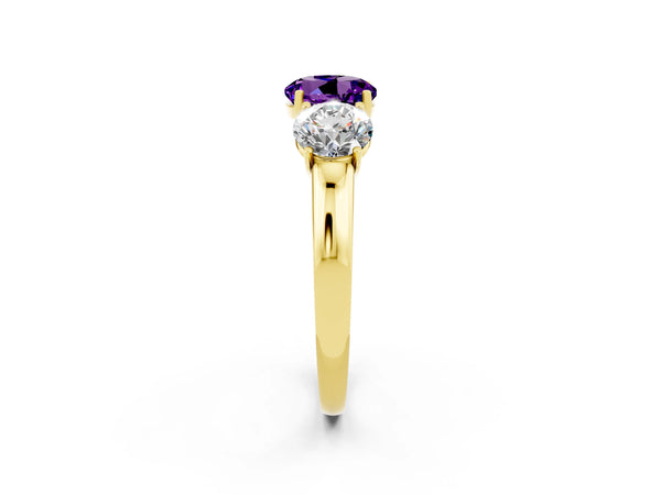 Yellow gold Round Cut Amethyst Three-Stone Ring with Four-Prong Setting and Classic Band