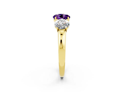 Yellow gold Round Cut Amethyst Three-Stone Ring with Four-Prong Setting and Classic Band_2