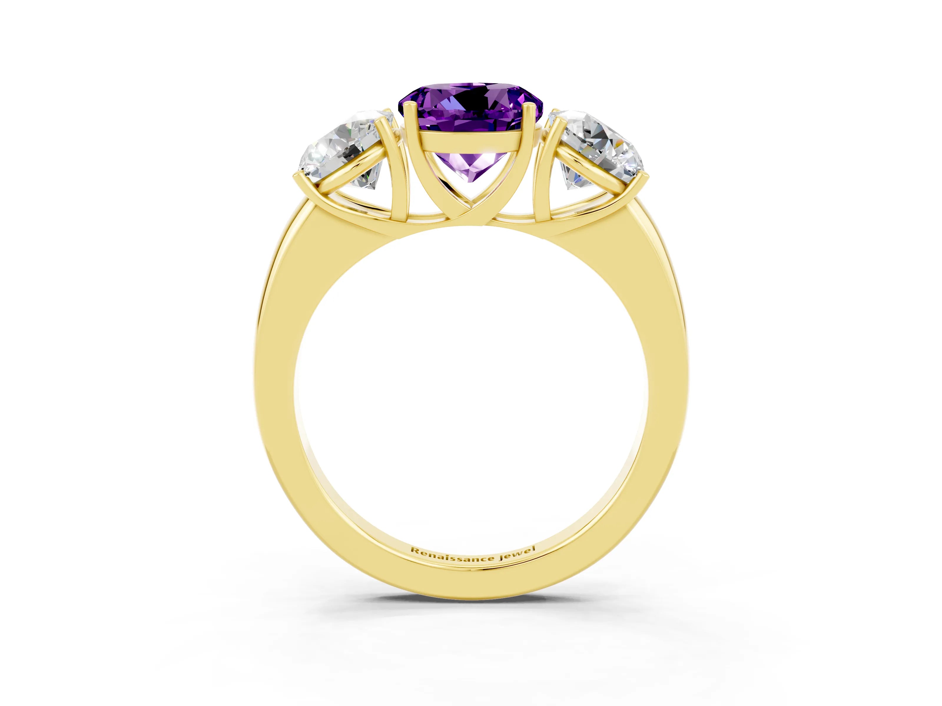 Yellow gold Round Cut Amethyst Three-Stone Ring with Four-Prong Setting and Classic Band_3