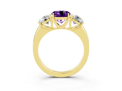 Yellow gold Round Cut Amethyst Three-Stone Ring with Four-Prong Setting and Classic Band_3