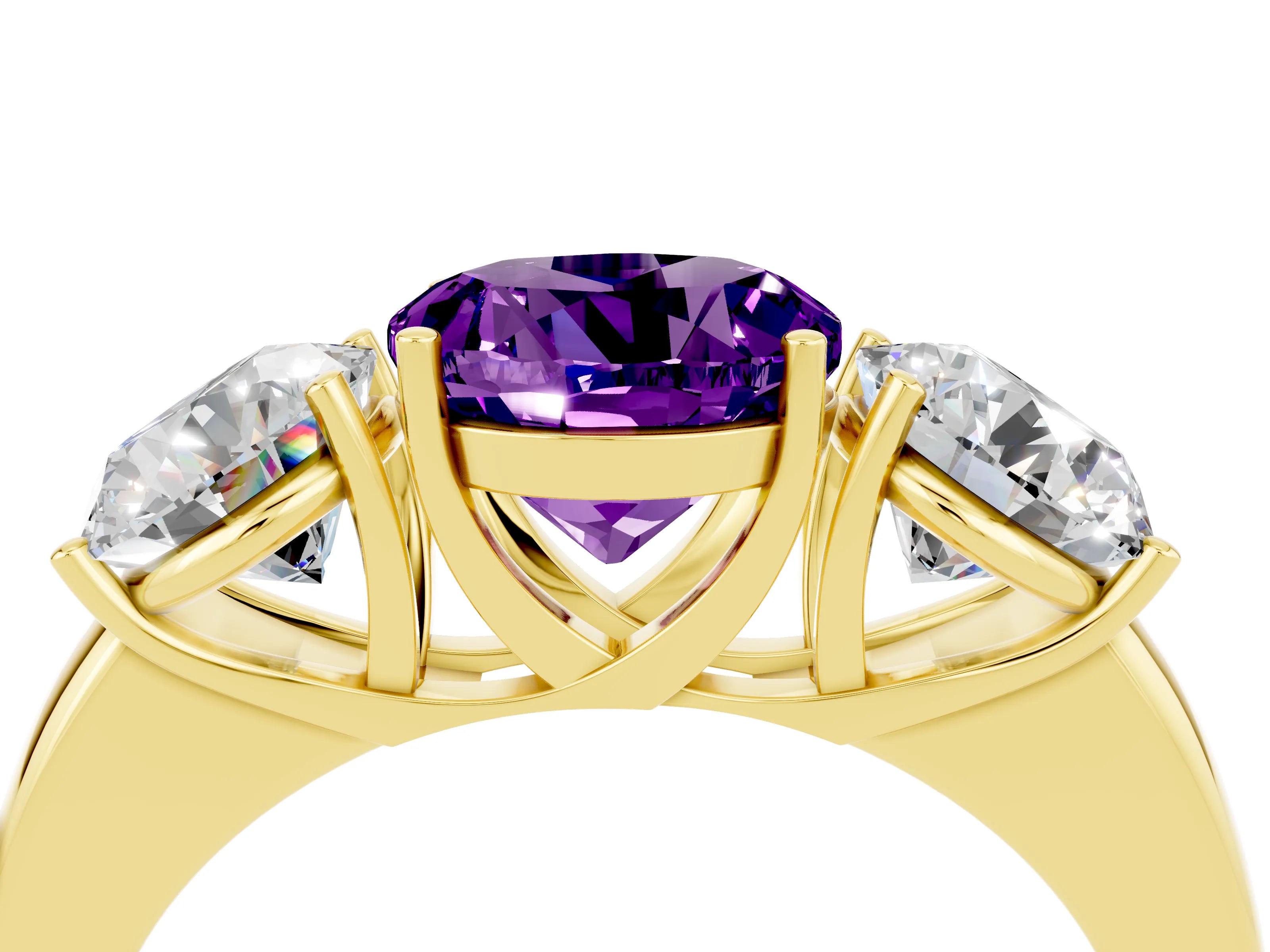 Yellow gold Round Cut Amethyst Three-Stone Ring with Four-Prong Setting and Classic Band_4