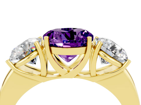 Yellow gold Round Cut Amethyst Three-Stone Ring with Four-Prong Setting and Classic Band_4