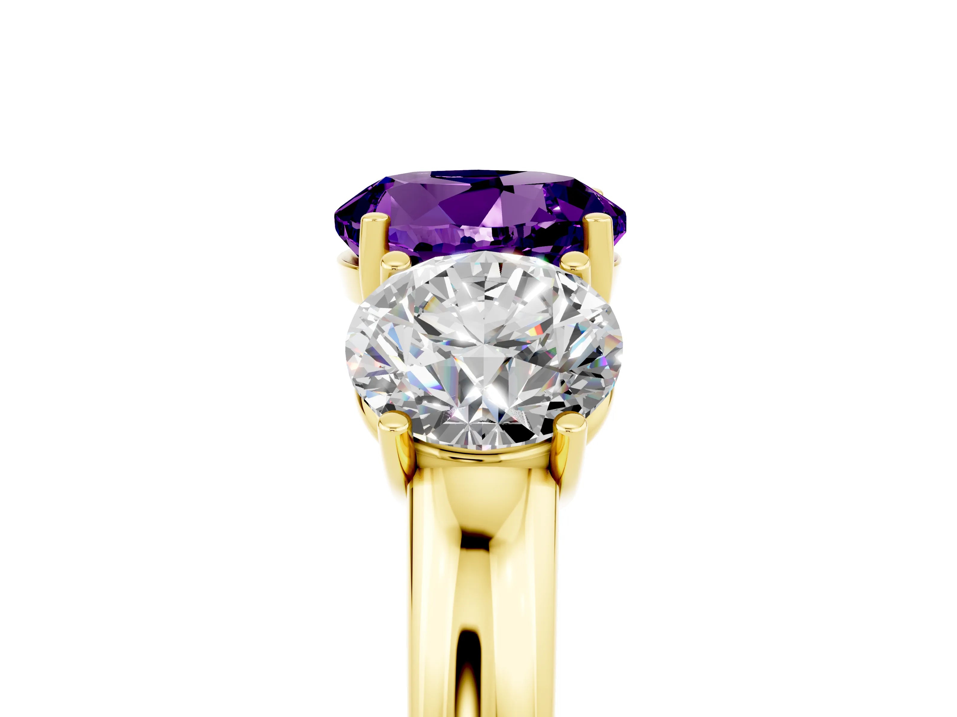 Yellow gold Round Cut Amethyst Three-Stone Ring with Four-Prong Setting and Classic Band_5