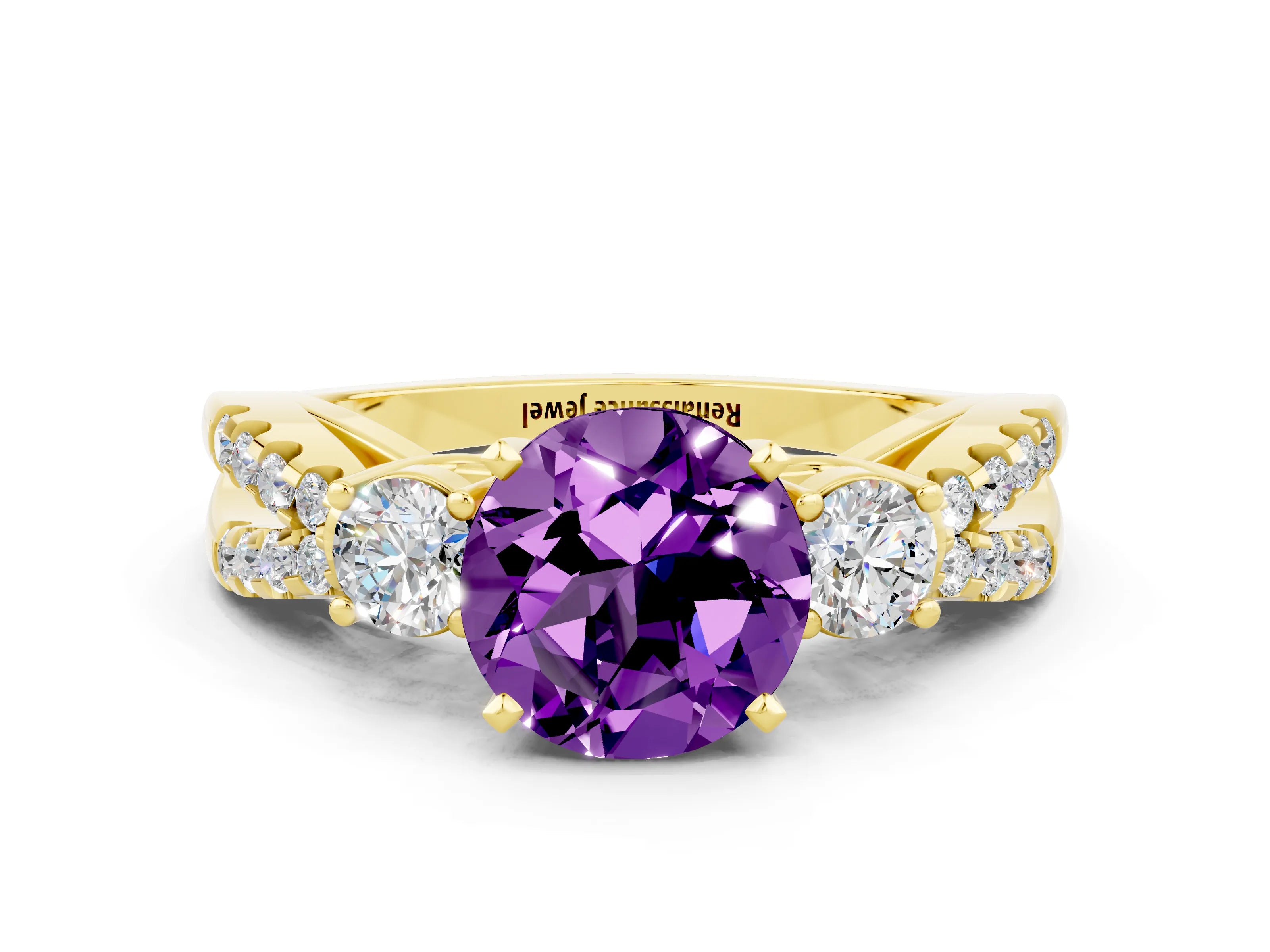 Yellow gold Round Cut Amethyst Three-Stone Ring with Pavé Split Shank and Four-Prong Setting