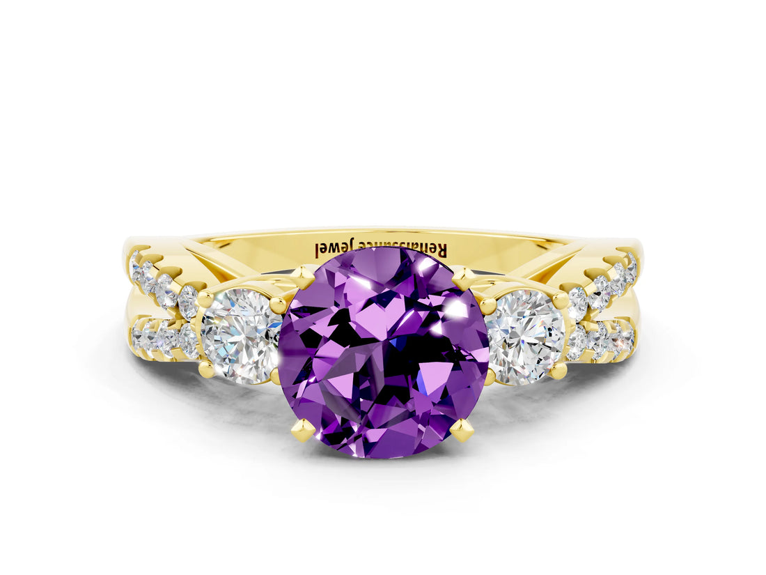 Yellow gold Round Cut Amethyst Three-Stone Ring with Pavé Split Shank and Four-Prong Setting