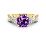 Yellow gold Round Cut Amethyst Three-Stone Ring with Pavé Split Shank and Four-Prong Setting