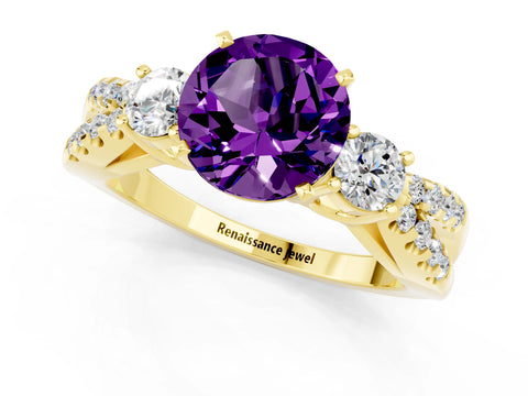 Yellow gold Round Cut Amethyst Three-Stone Ring with Pavé Split Shank and Four-Prong Setting_1