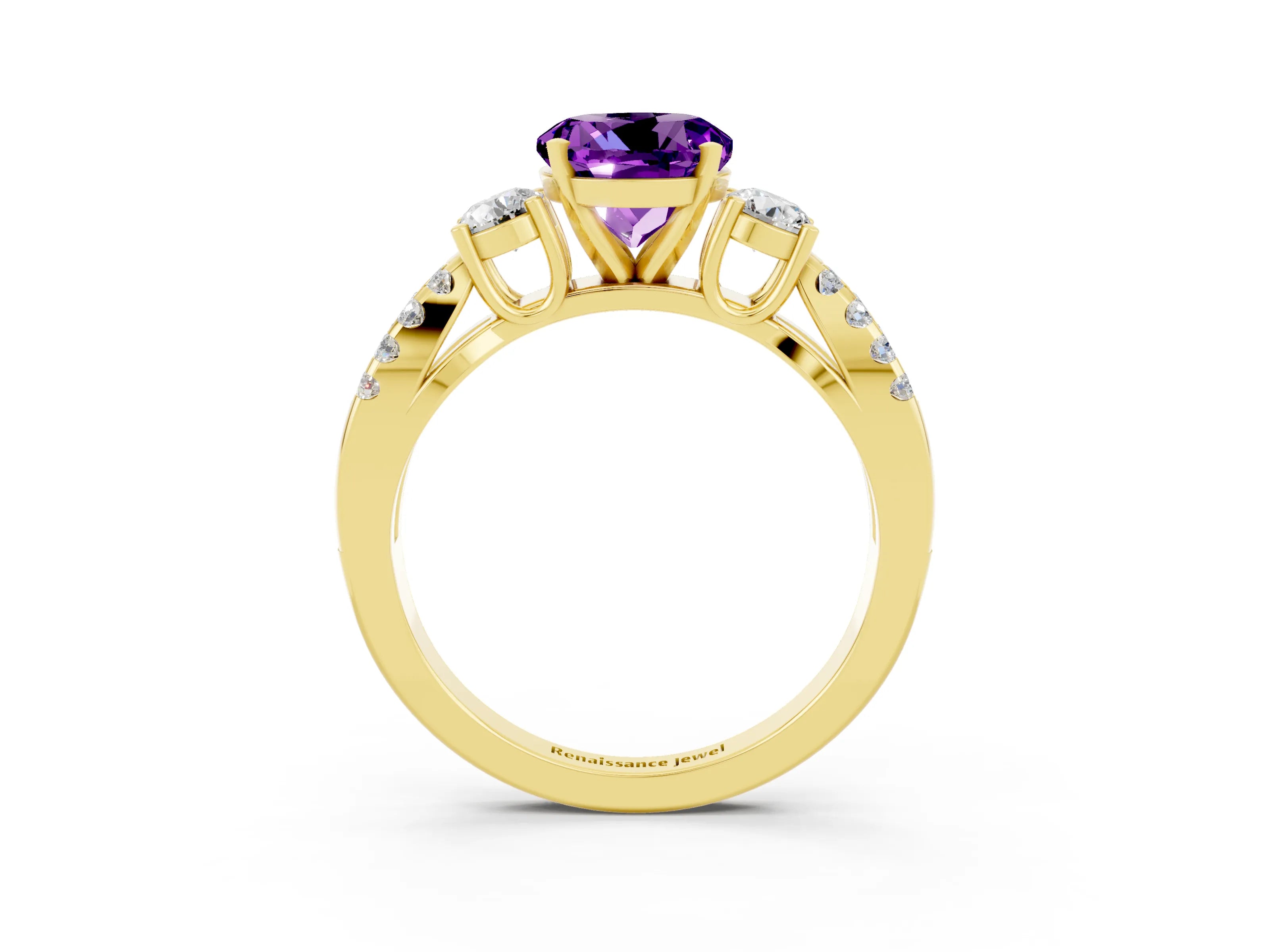 Yellow gold Round Cut Amethyst Three-Stone Ring with Pavé Split Shank and Four-Prong Setting_3