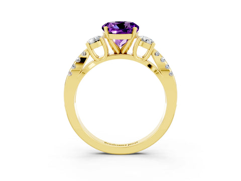 Yellow gold Round Cut Amethyst Three-Stone Ring with Pavé Split Shank and Four-Prong Setting_3