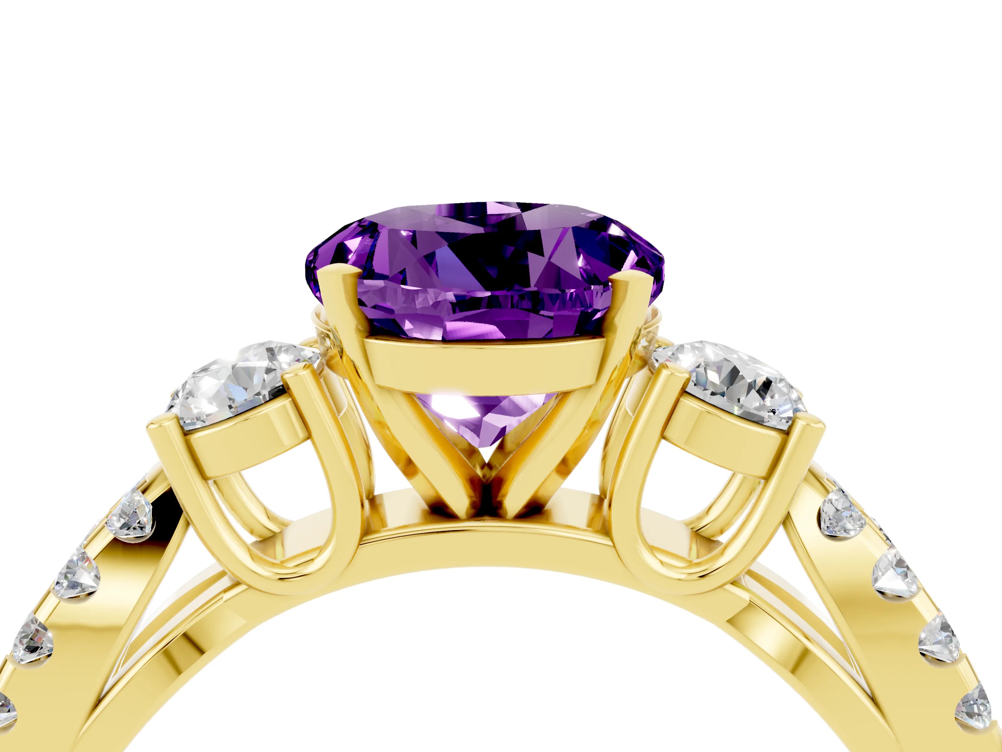 Yellow gold Round Cut Amethyst Three-Stone Ring with Pavé Split Shank and Four-Prong Setting_4