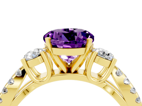 Yellow gold Round Cut Amethyst Three-Stone Ring with Pavé Split Shank and Four-Prong Setting_4