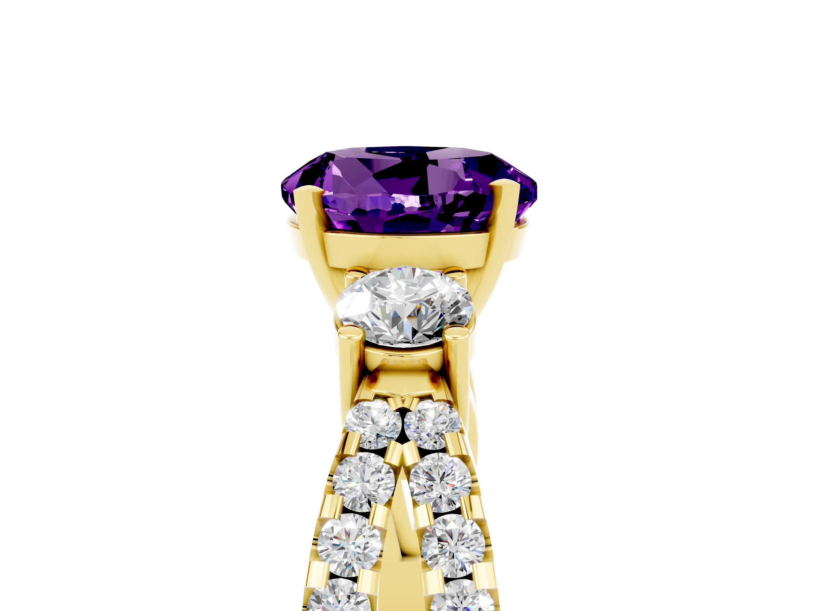 Yellow gold Round Cut Amethyst Three-Stone Ring with Pavé Split Shank and Four-Prong Setting_5