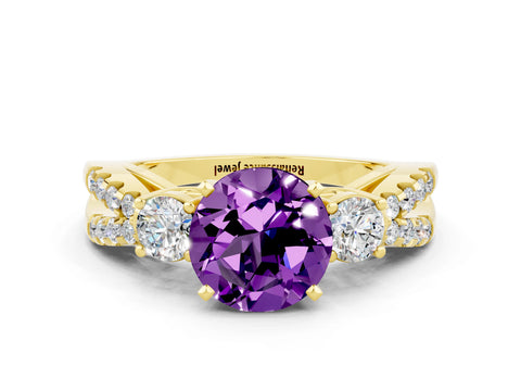Yellow gold Round Cut Amethyst Three-Stone Ring with Pavé Split Shank and Four-Prong Setting