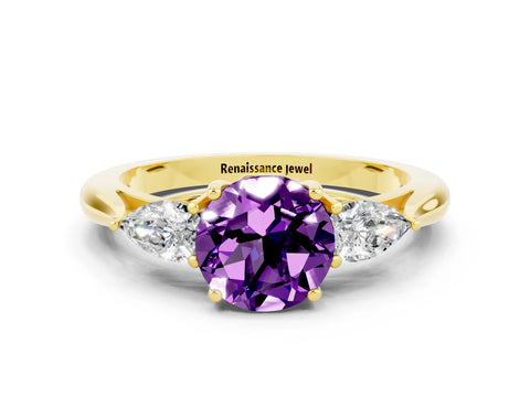 Yellow gold Round Cut Amethyst Three-Stone Ring with Pear Side Stones and Four-Prong Setting_12