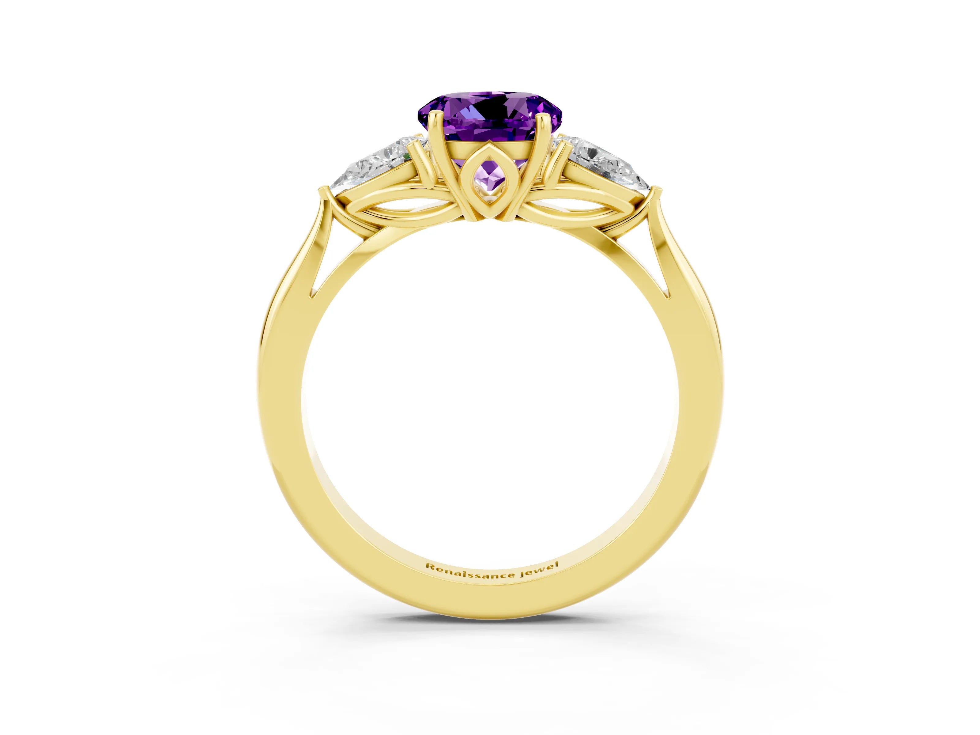 Yellow gold Round Cut Amethyst Three-Stone Ring with Pear Side Stones and Four-Prong Setting_15