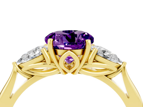 Yellow gold Round Cut Amethyst Three-Stone Ring with Pear Side Stones and Four-Prong Setting_16