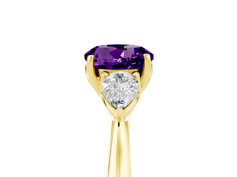 Yellow gold Round Cut Amethyst Three-Stone Ring with Pear Side Stones and Four-Prong Setting_17