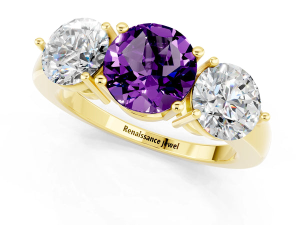 Yellow gold Round Cut Amethyst Three-Stone Ring with Prong Setting and Classic Band