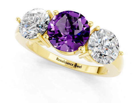 Yellow gold Round Cut Amethyst Three-Stone Ring with Prong Setting and Classic Band_1