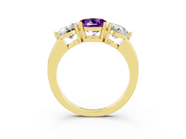 Yellow gold Round Cut Amethyst Three-Stone Ring with Prong Setting and Classic Band
