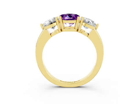 Yellow gold Round Cut Amethyst Three-Stone Ring with Prong Setting and Classic Band_3