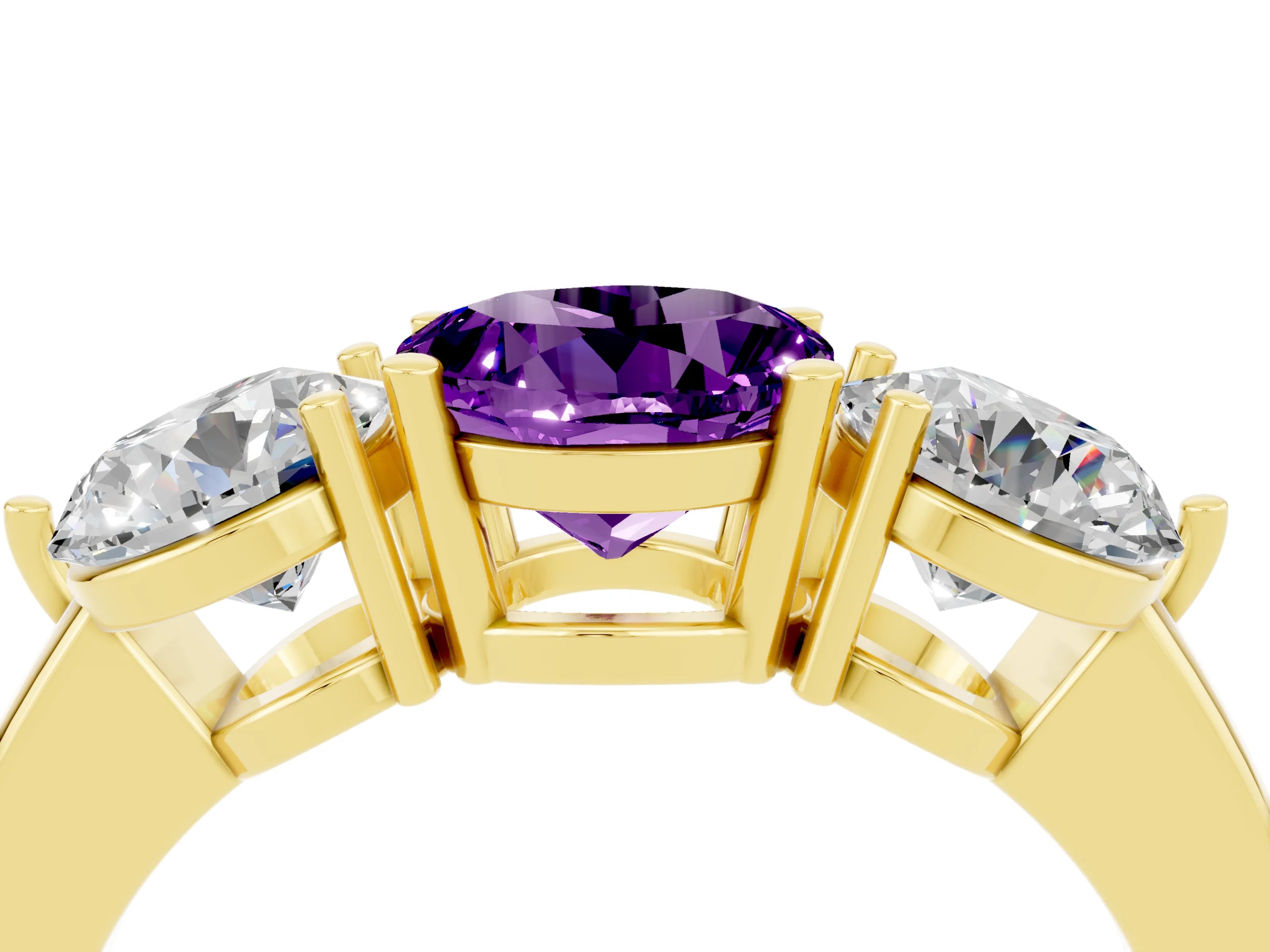 Yellow gold Round Cut Amethyst Three-Stone Ring with Prong Setting and Classic Band_4