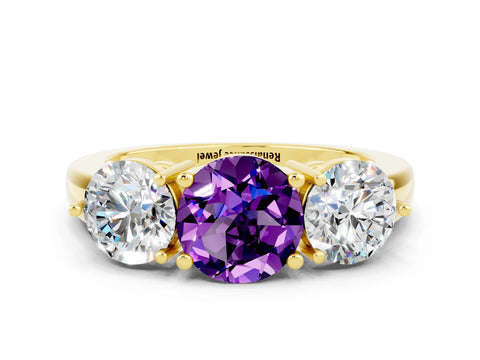 Yellow gold Round Cut Amethyst Three-Stone Ring with Prong Setting and Classic Band
