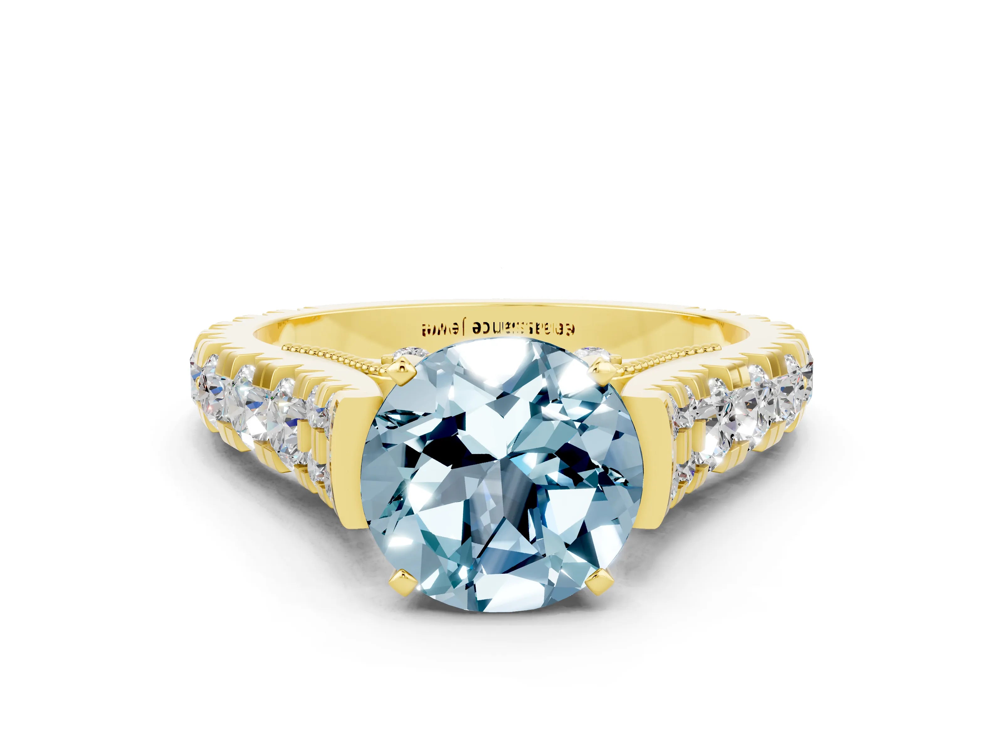 Yellow gold Round Cut Aquamarine Classic Solitaire Ring with Pavé Band and Four-Prong Setting