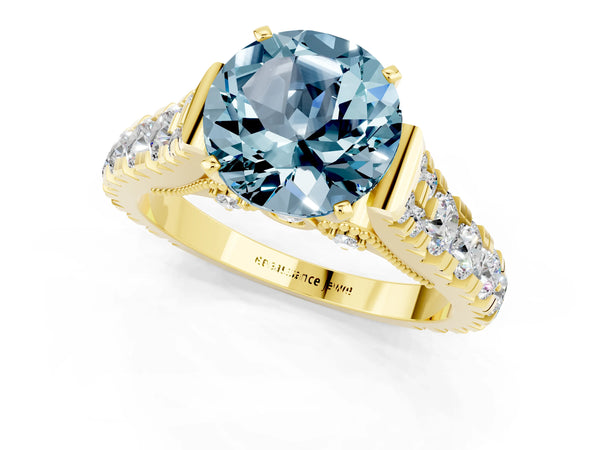 Yellow gold Round Cut Aquamarine Classic Solitaire Ring with Pavé Band and Four-Prong Setting