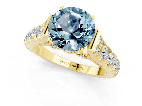 Yellow gold Round Cut Aquamarine Classic Solitaire Ring with Pavé Band and Four-Prong Setting_1