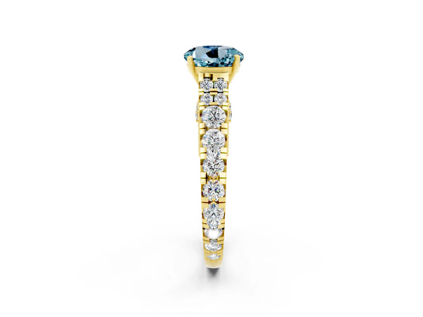 Yellow gold Round Cut Aquamarine Classic Solitaire Ring with Pavé Band and Four-Prong Setting