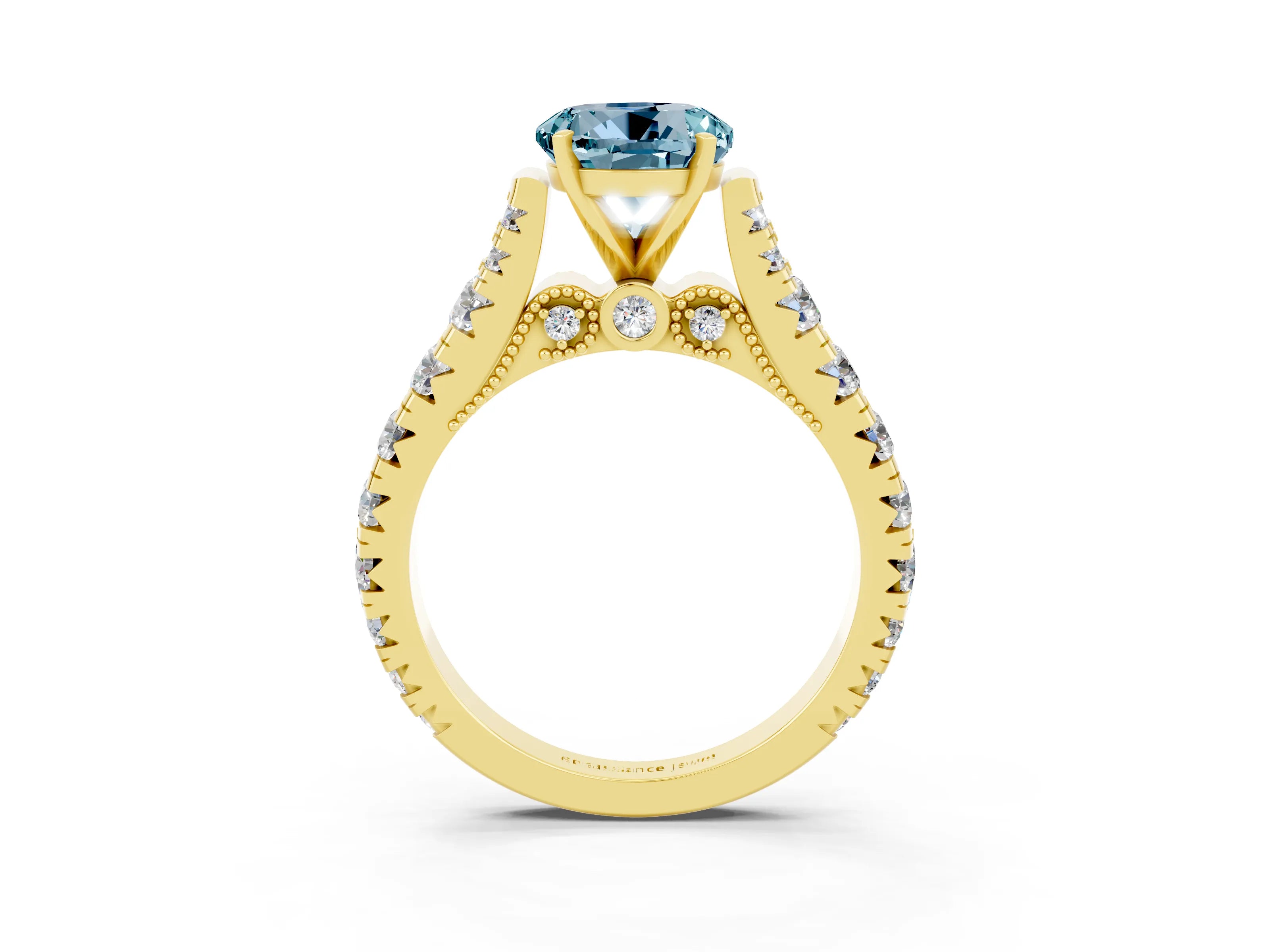 Yellow gold Round Cut Aquamarine Classic Solitaire Ring with Pavé Band and Four-Prong Setting_3