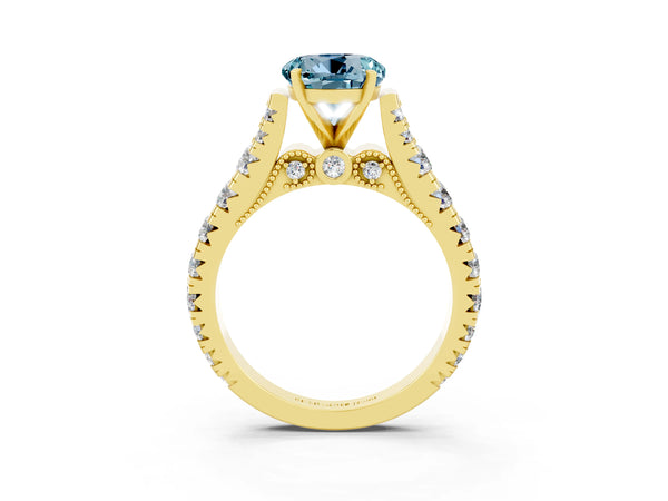 Yellow gold Round Cut Aquamarine Classic Solitaire Ring with Pavé Band and Four-Prong Setting