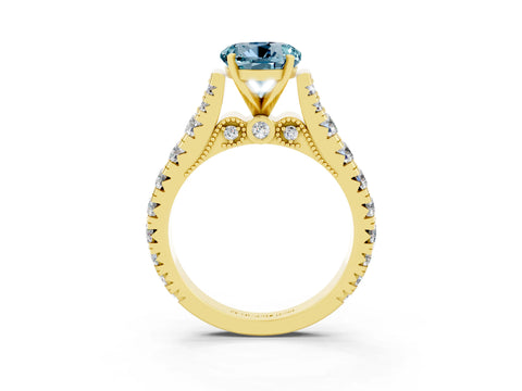 Yellow gold Round Cut Aquamarine Classic Solitaire Ring with Pavé Band and Four-Prong Setting_3