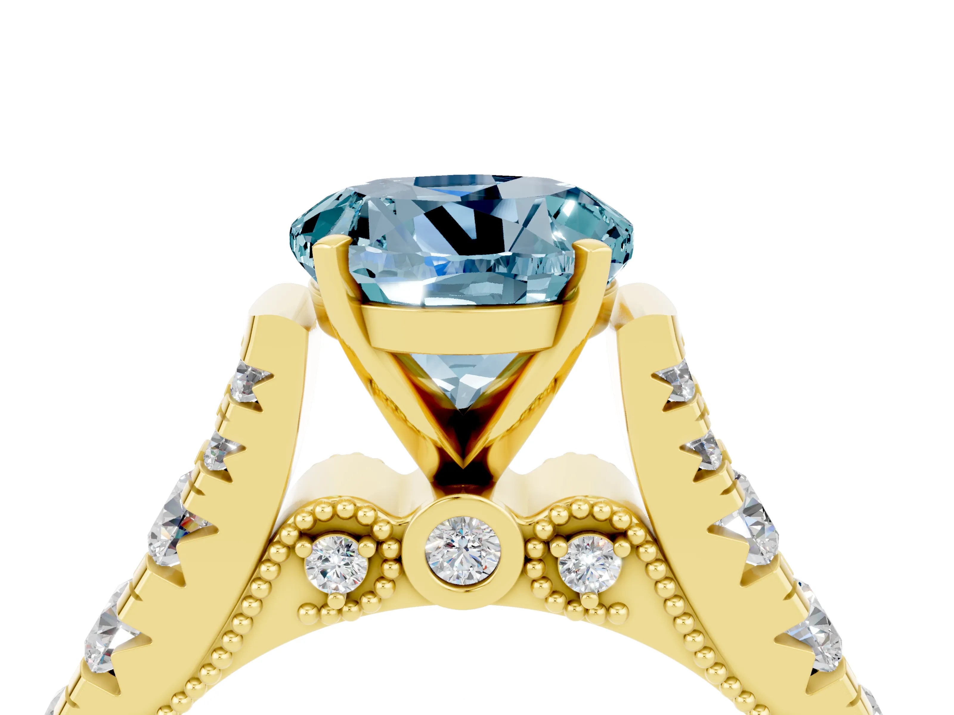 Yellow gold Round Cut Aquamarine Classic Solitaire Ring with Pavé Band and Four-Prong Setting_4
