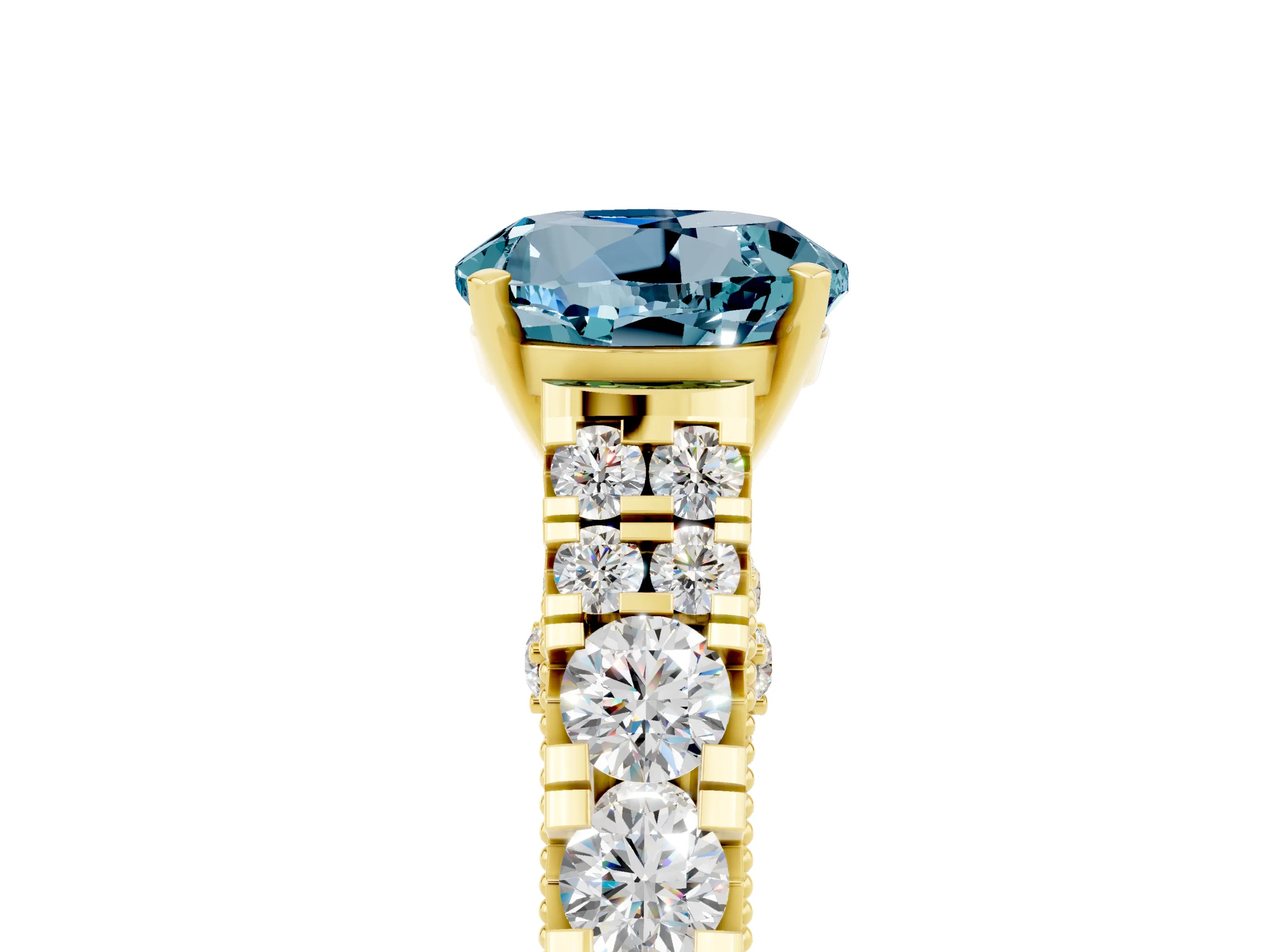 Yellow gold Round Cut Aquamarine Classic Solitaire Ring with Pavé Band and Four-Prong Setting_5