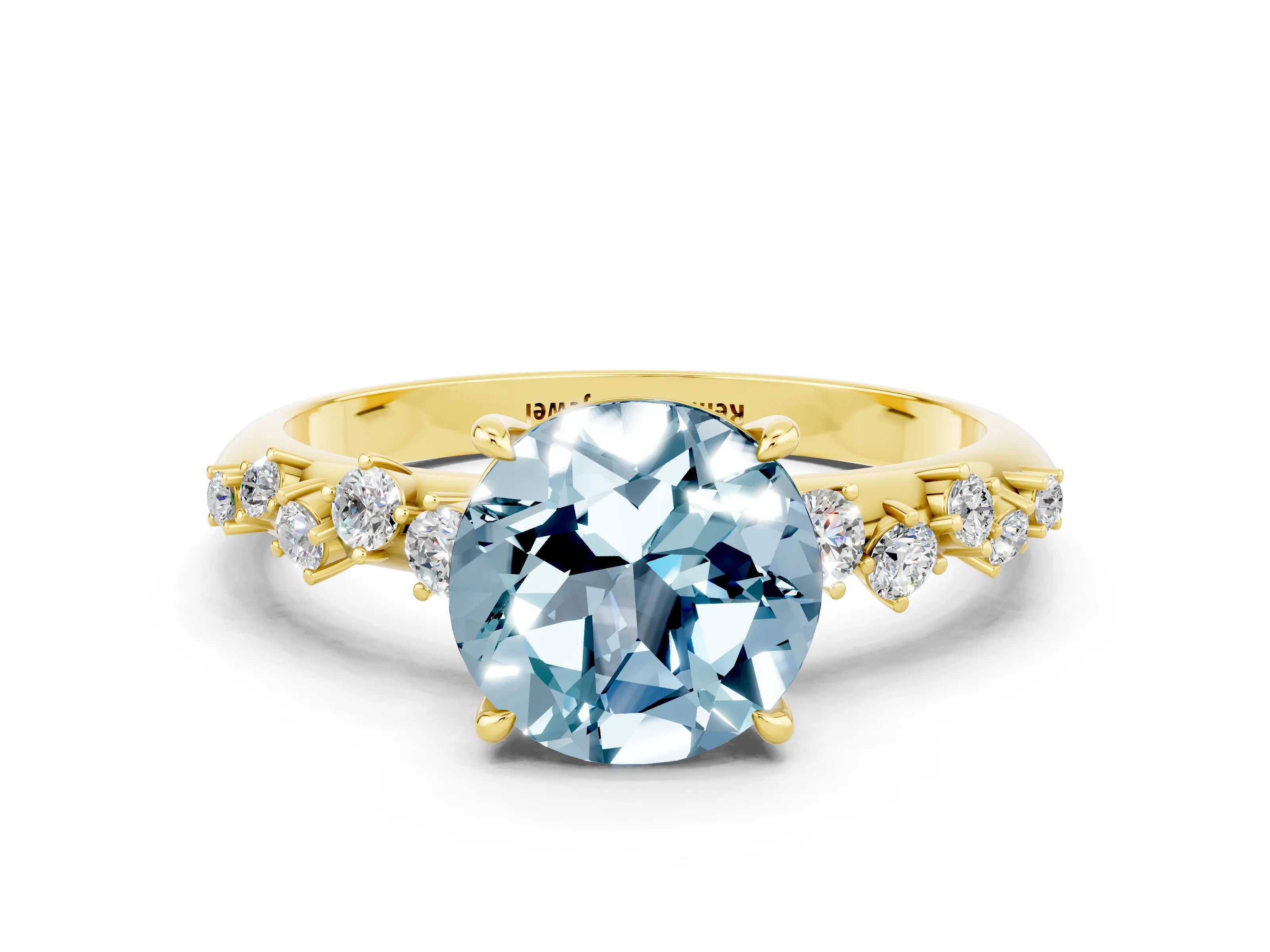Yellow gold Round Cut Aquamarine Cluster Side Stone Solitaire Ring with Prong Setting_24
