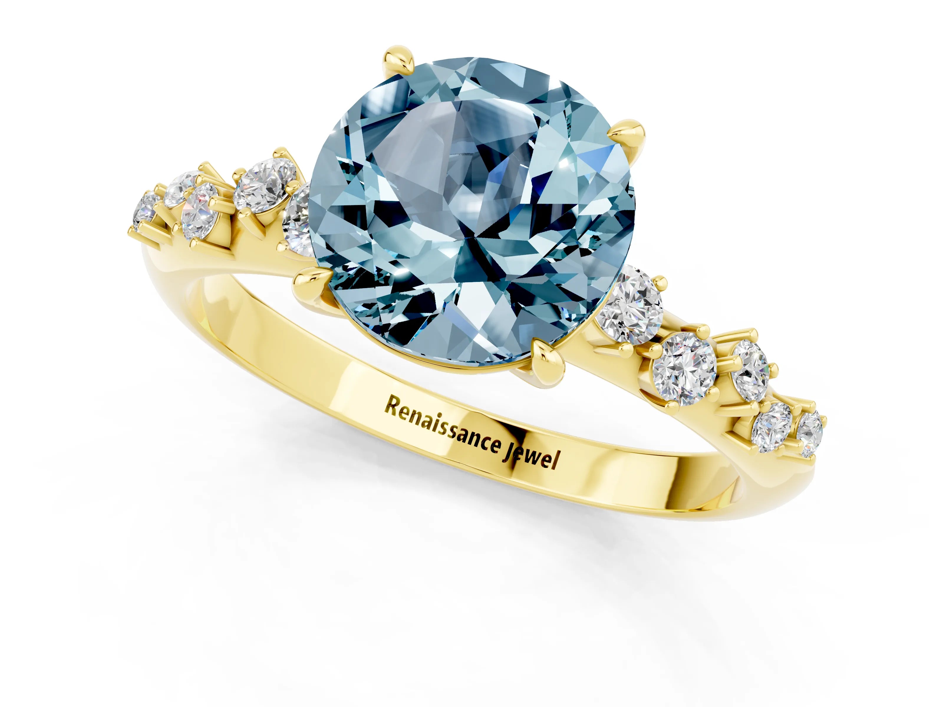 Yellow gold Round Cut Aquamarine Cluster Side Stone Solitaire Ring with Prong Setting_25