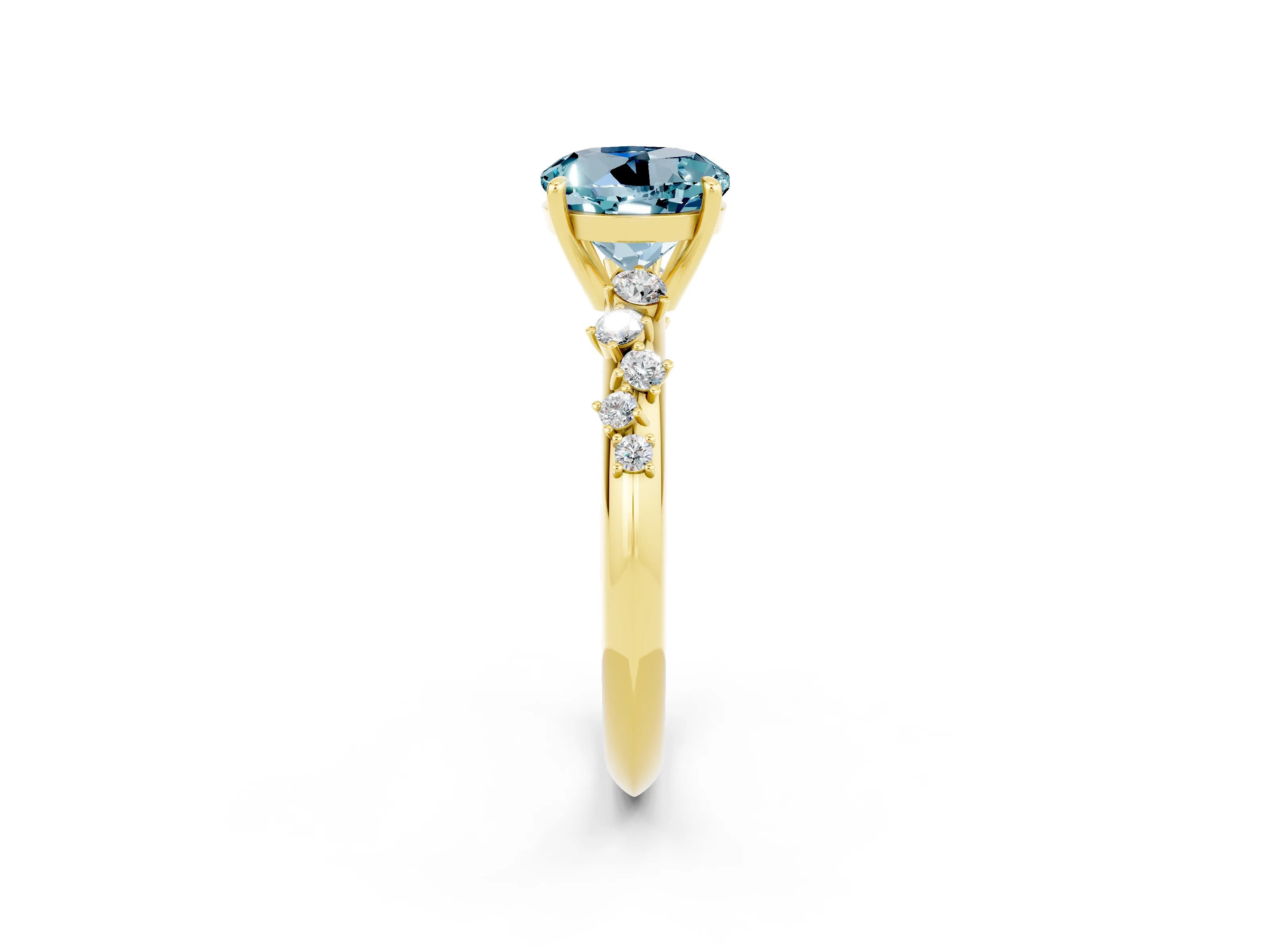 Yellow gold Round Cut Aquamarine Cluster Side Stone Solitaire Ring with Prong Setting_26