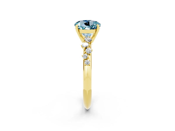 Yellow gold Round Cut Aquamarine Cluster Side Stone Solitaire Ring with Prong Setting